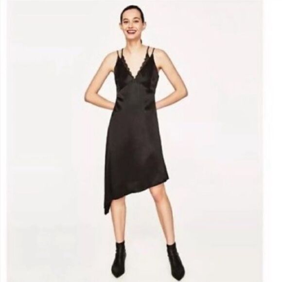 Zara Strappy Asymmetric Lace Trim Slip Dress - Picture 1 of 10